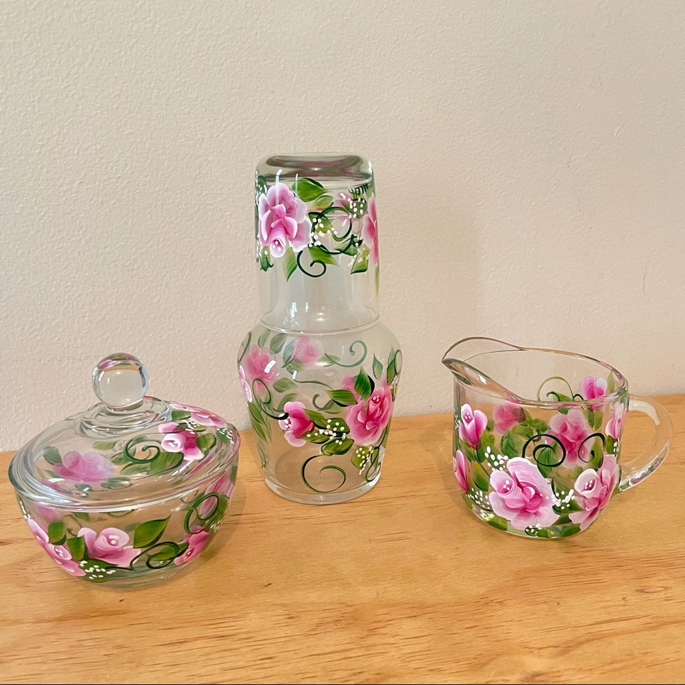 Vintage bedside tumble up carafe candy dish pitcher floral hand painted rose
